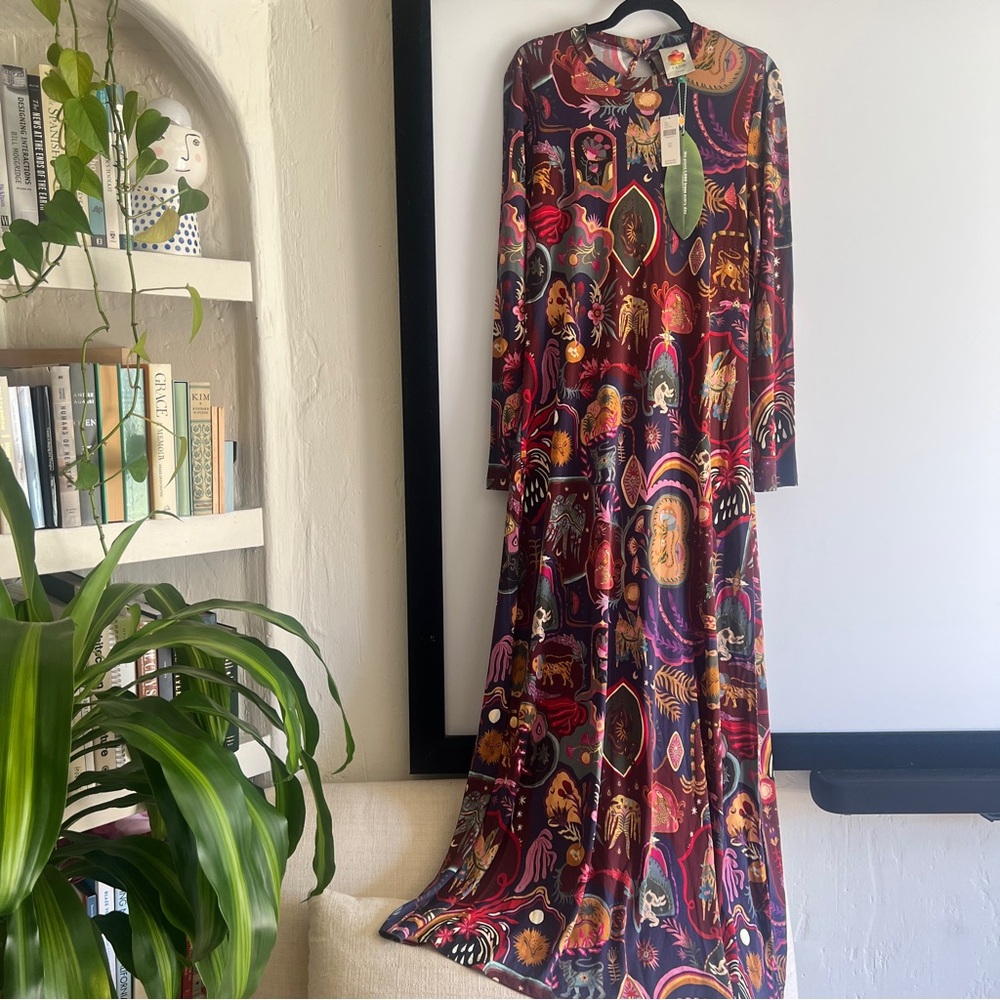 FARM Rio Rio Multicolor Artsy Surreal Land Long Sleeve Maxi Dress Size XL NWT - Picture 4 of 16